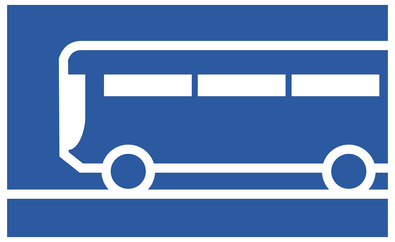 a blue and white sign with a bus on it, pixabay, line-drawing, ultramarine, plan, forward facing