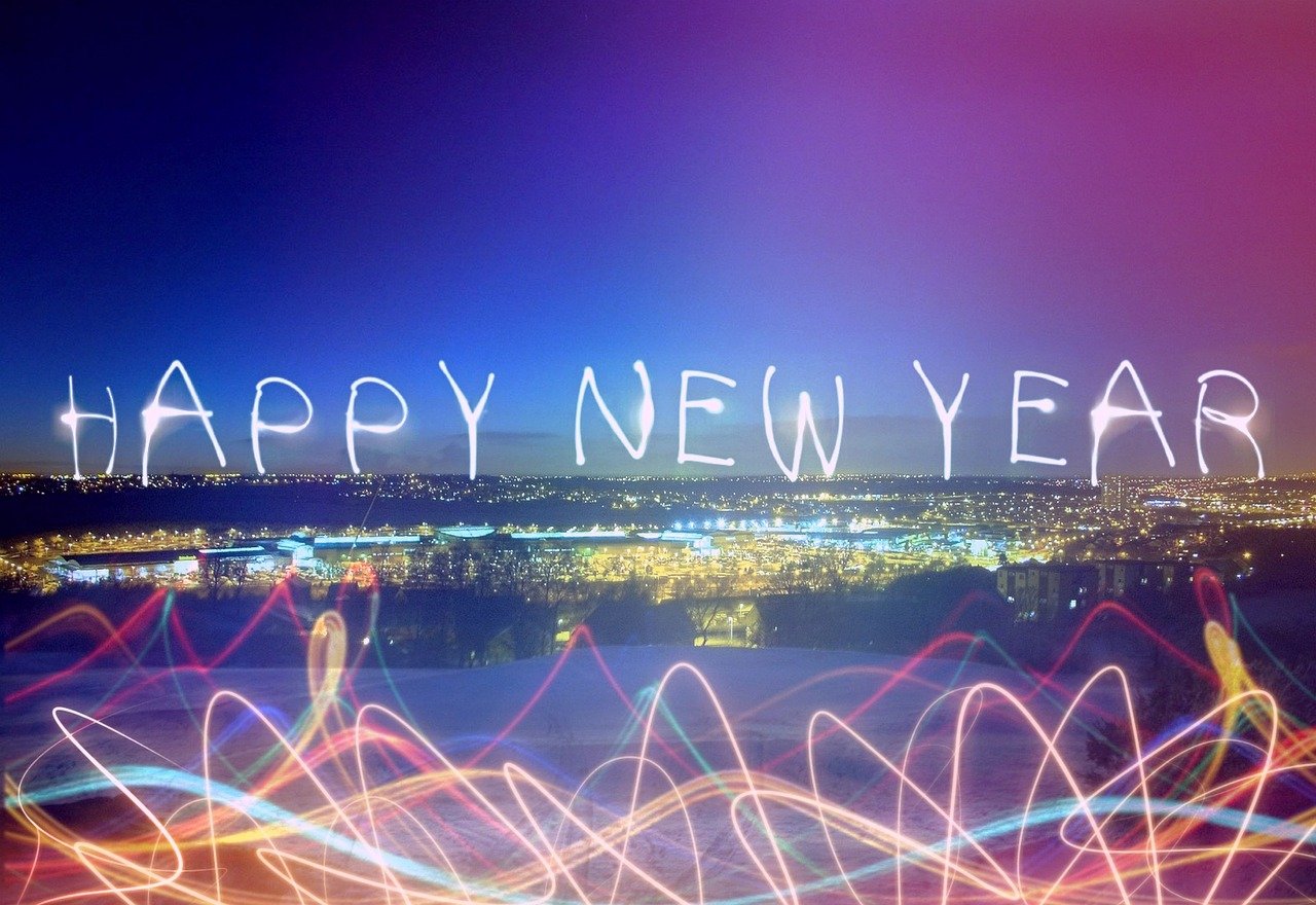 a picture with the words happy new year written on it, a picture, by Nancy Carline, shutterstock, happening, city lights in the background, electric wallpaper, panorama, bright thin lasers