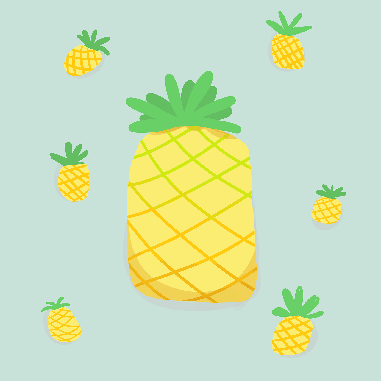 a cartoon pineapple surrounded by smaller pineapples, an illustration of, pop art, simple and clean illustration, view from bottom to top, squishy, flat design