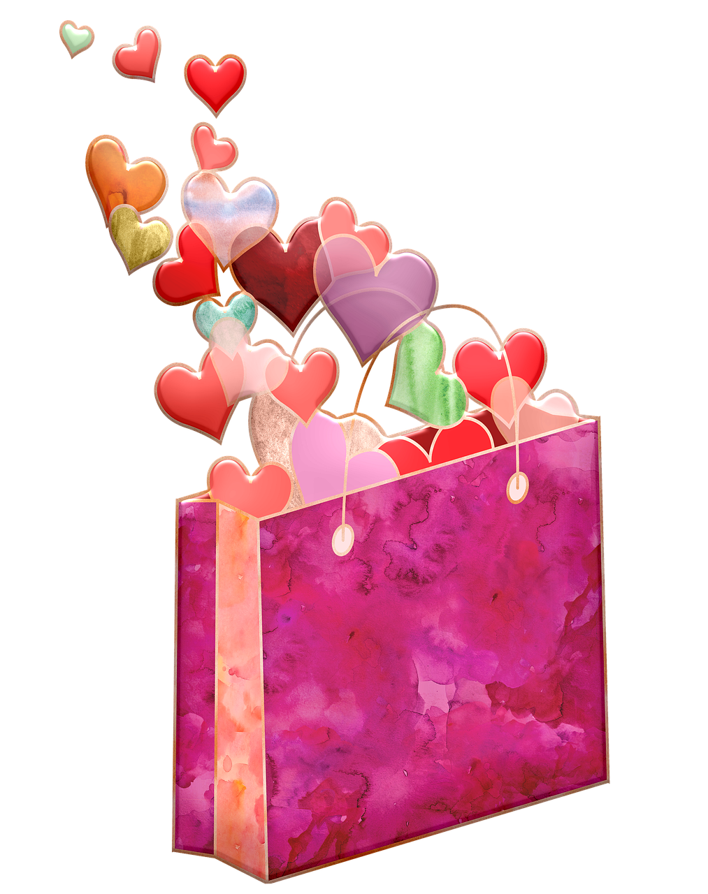 a bag with hearts flying out of it, a digital rendering, by Elaine Hamilton, alcohol ink art, birthday wrapped presents, istockphoto, detail