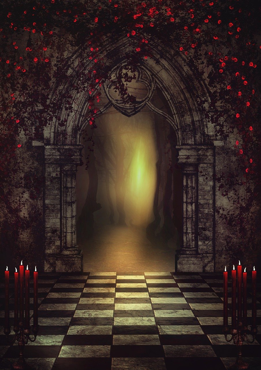 a group of candles sitting on top of a checkered floor, a digital rendering, gothic art, stone gate to the dark cave, portal made of roses, gothic fog ambience, placed in a bloody hall