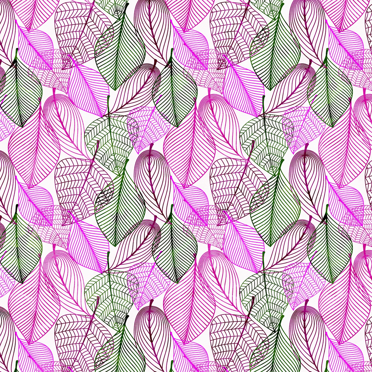 a pattern of pink and green leaves on a white background, a digital rendering, inspired by Peter Alexander Hay, pixabay, translucent leaves, during autumn, colored screentone, sheer fabrics