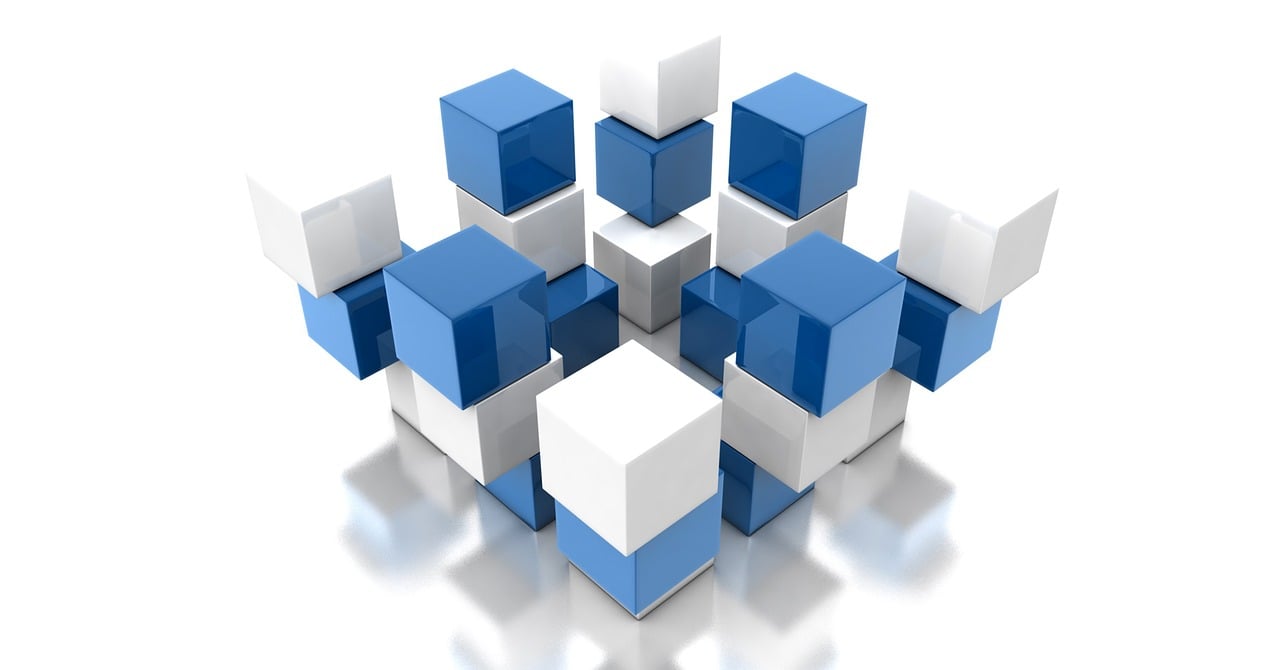 a group of blue and white cubes sitting on top of each other, a digital rendering, pixabay, modular constructivism, enterprise workflow engine, containing tables and walls, centred, white background”