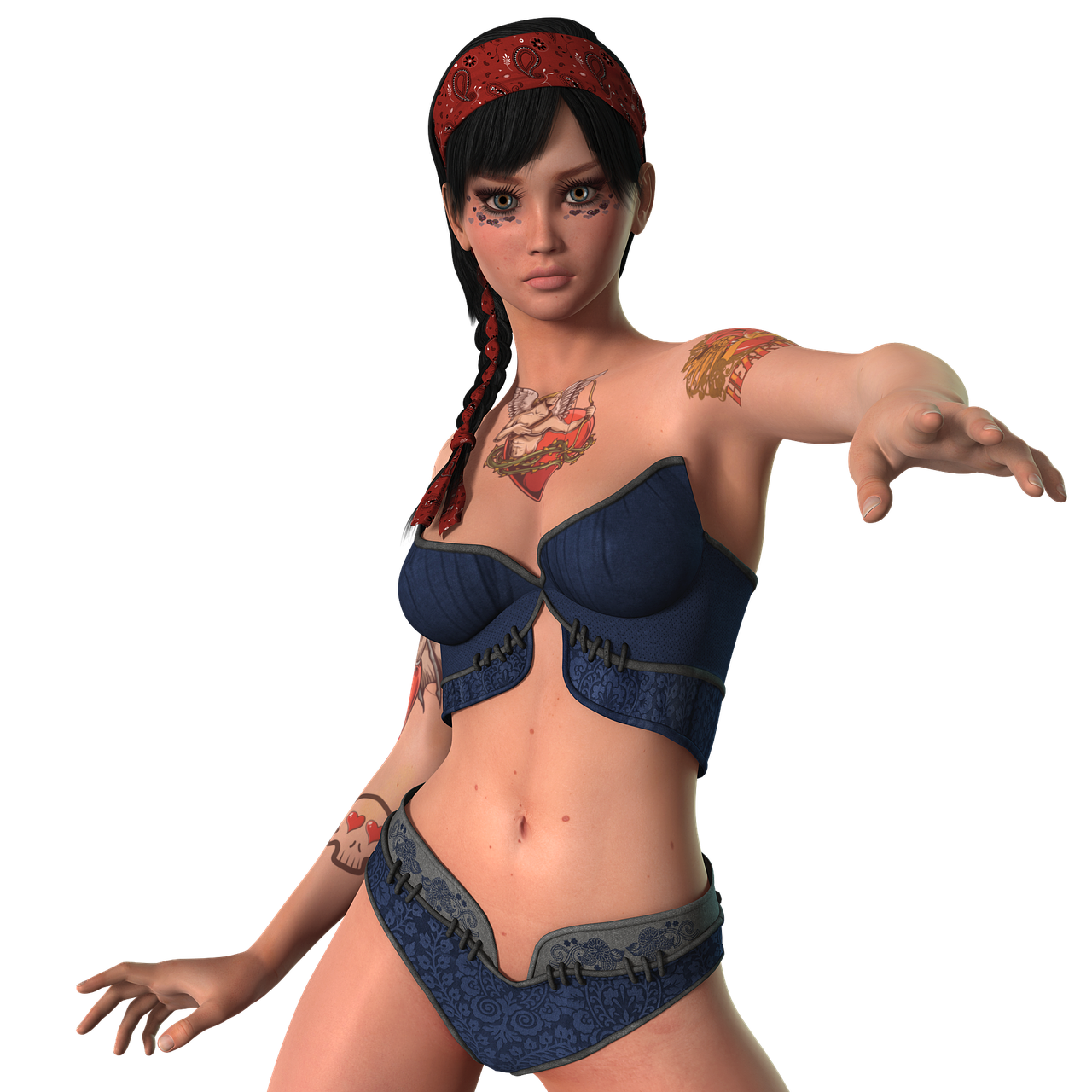 a close up of a person in a bikini, a 3D render, inspired by Li Mei-shu, renaissance, mma southpaw stance, tattooed pinup, shamanistic dark blue clothes, gypsy