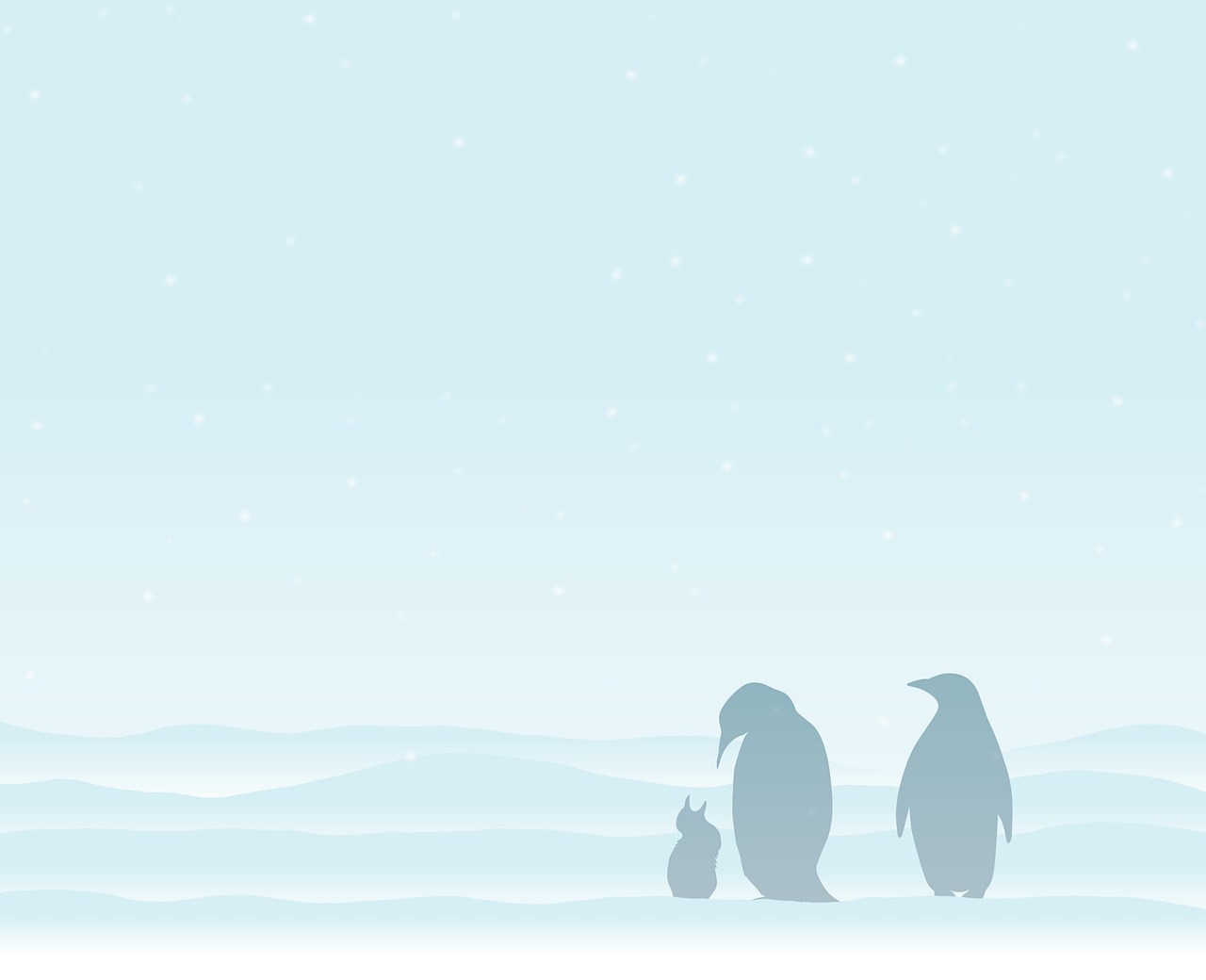 a couple of penguins standing next to each other, an illustration of, inspired by Jean-Léon Gérôme, minimalism, background soft blue, card template, snow scene, family photo