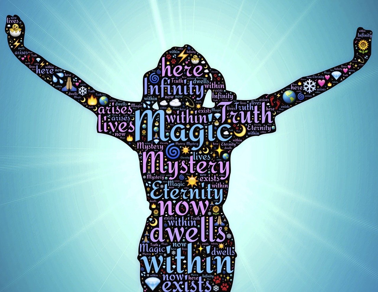 a silhouette of a person made up of words, by Maggie Hamilton, pixabay, holography, channeling mystical energy, arms stretched out, presenting magic gem, divinity detailed