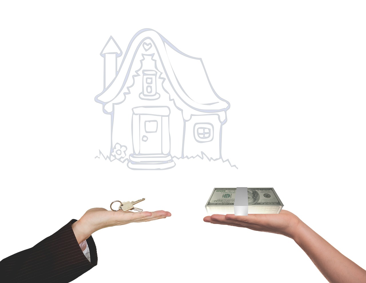 two people exchanging money in front of a drawing of a house, an illustration of, advertisement photo, isolated on white background, keys, discovered photo