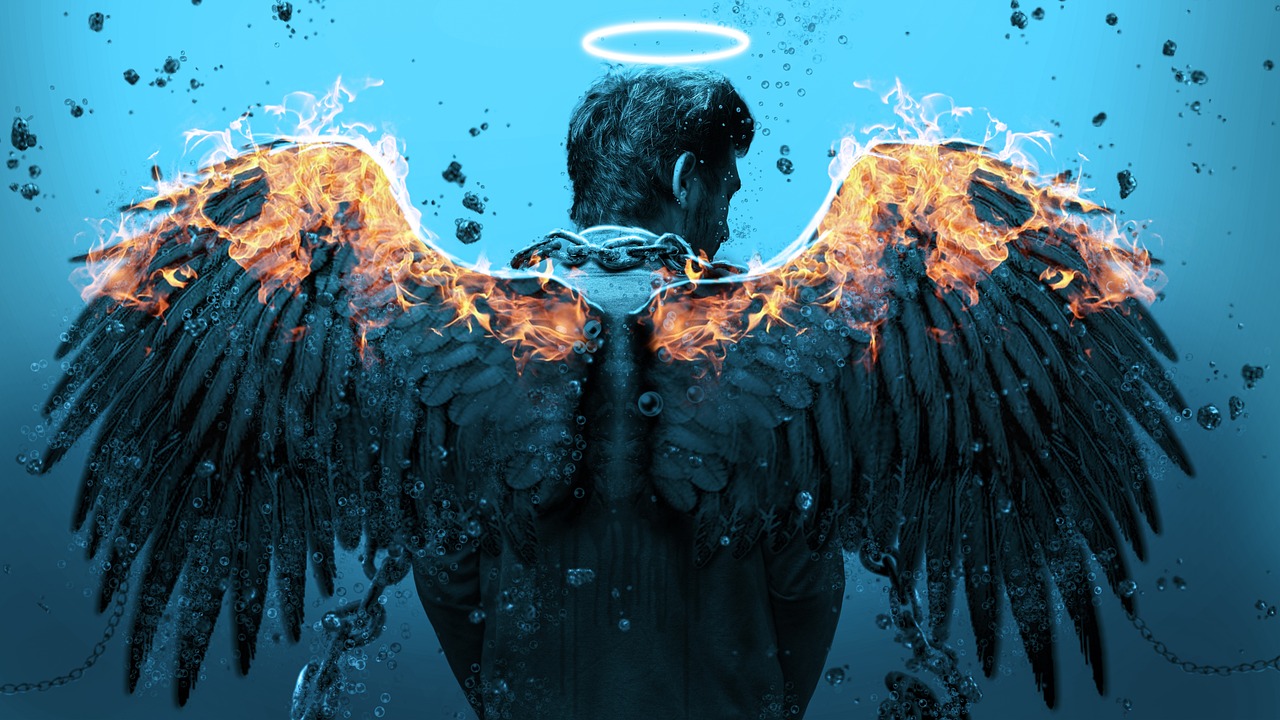 a man with wings and a halo on his back, by Rodney Joseph Burn, pexels, digital art, burning water, movie promotional image, background : diego fazio, profile picture