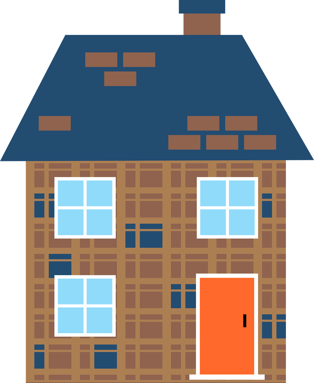 a house with a blue roof and a red door, pixabay, naive art, on a flat color black background, roofing tiles texture, front elevation view, destroying houses