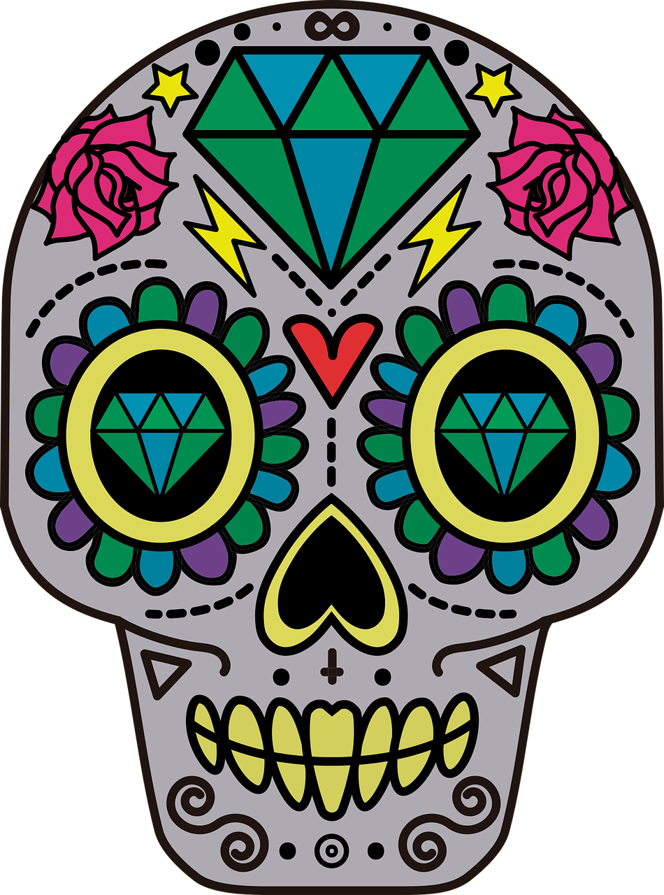 a sugar skull with flowers and a diamond, vector art, inspired by Germán Londoño, toyism, close up high detailed, ghost neon, love death robot, phone wallpaper