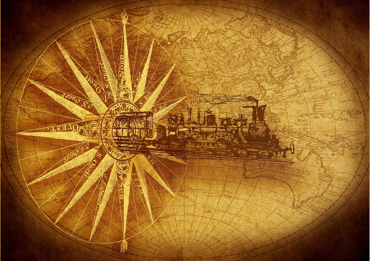 a close up of a map with a train on it, shutterstock, renaissance, a steam wheeler from 1880s, sepia sun, atlantis background, museum quality photo