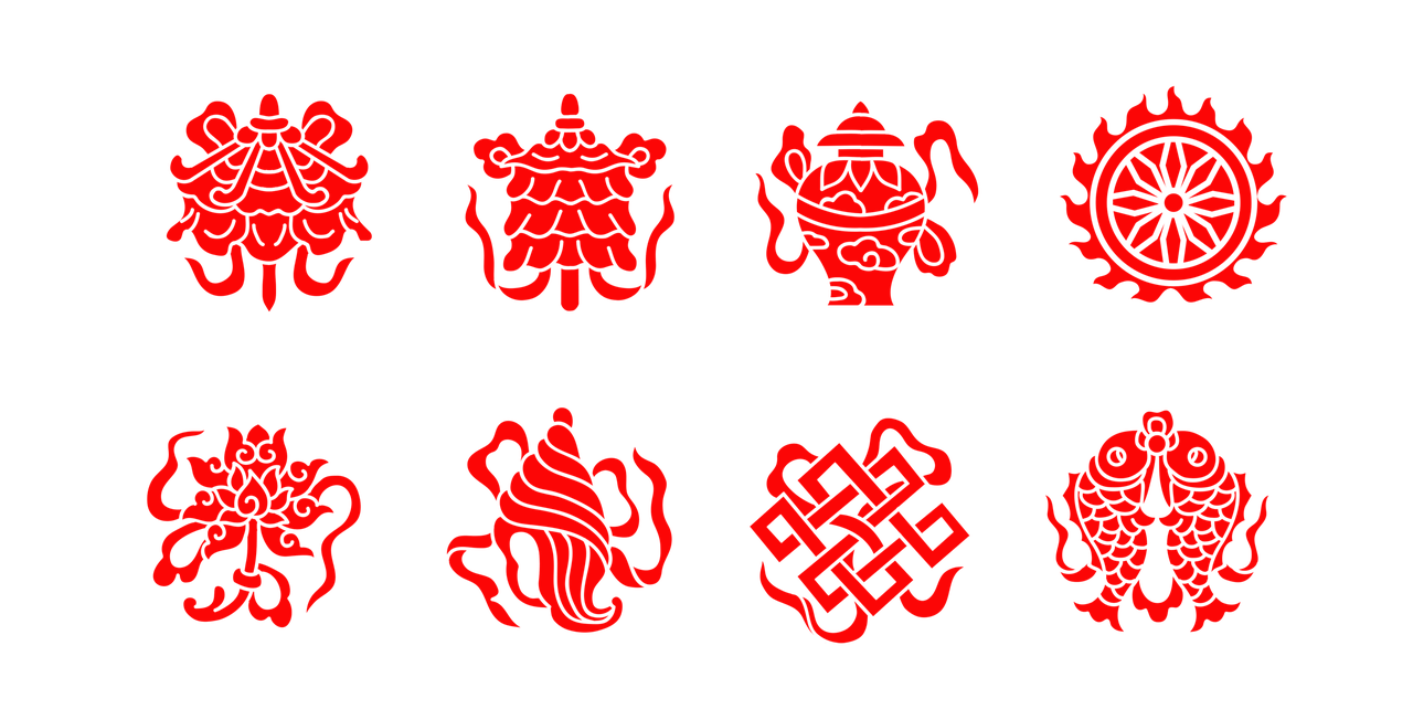 a number of red symbols on a black background, concept art, inspired by Itō Jakuchū, cloisonnism, sci-fi tibetan fashion, six arms, from left, traditional chinese textures
