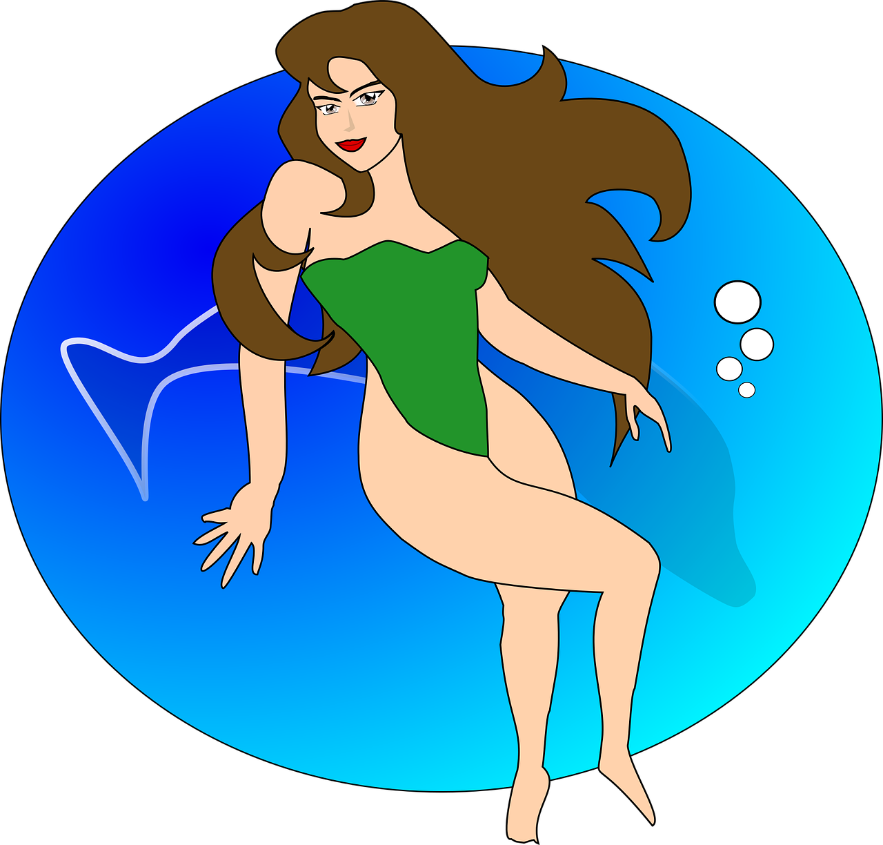 a cartoon picture of a woman in a bathing suit, inspired by Bruce Timm, deviantart, art nouveau, vector patch logo of mermaid, long flowing brown hair, she has a jiggly fat round belly, beautiful sexy woman photo
