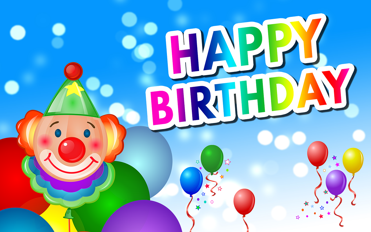 a clown with balloons and the words happy birthday, shutterstock, background image, high definition screenshot, birthday card, wallpaper - 1 0 2 4