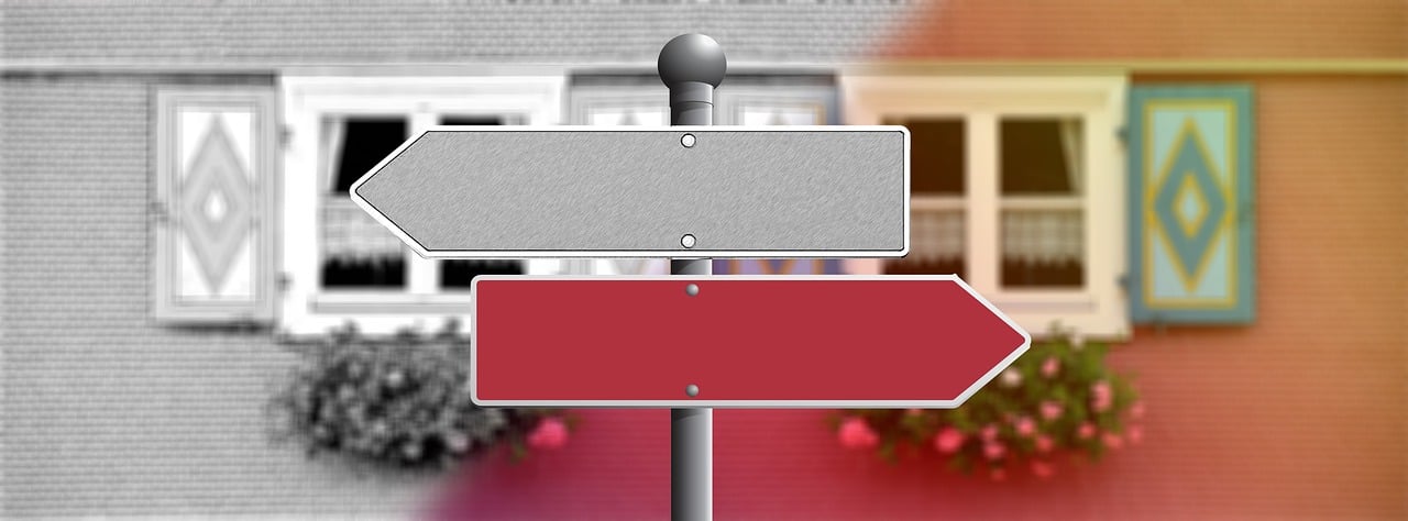 a close up of a street sign with a building in the background, a digital rendering, trending on pixabay, postminimalism, wine-red and grey trim, placards, untitled, directions