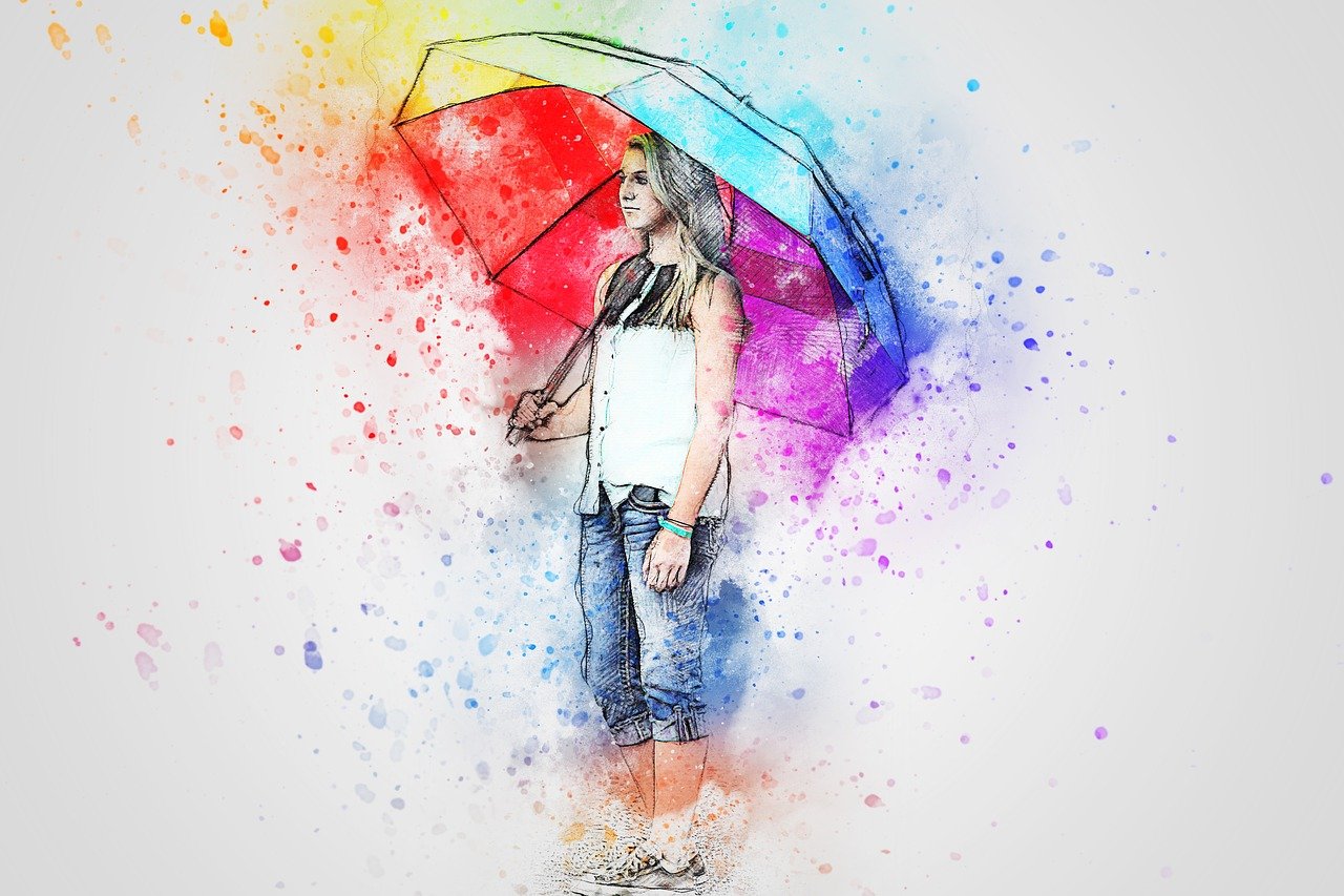 a drawing of a woman holding an umbrella, trending on pixabay, art photography, color explosion, very realistic painting effect, fullbody portrait, digital art - w 640