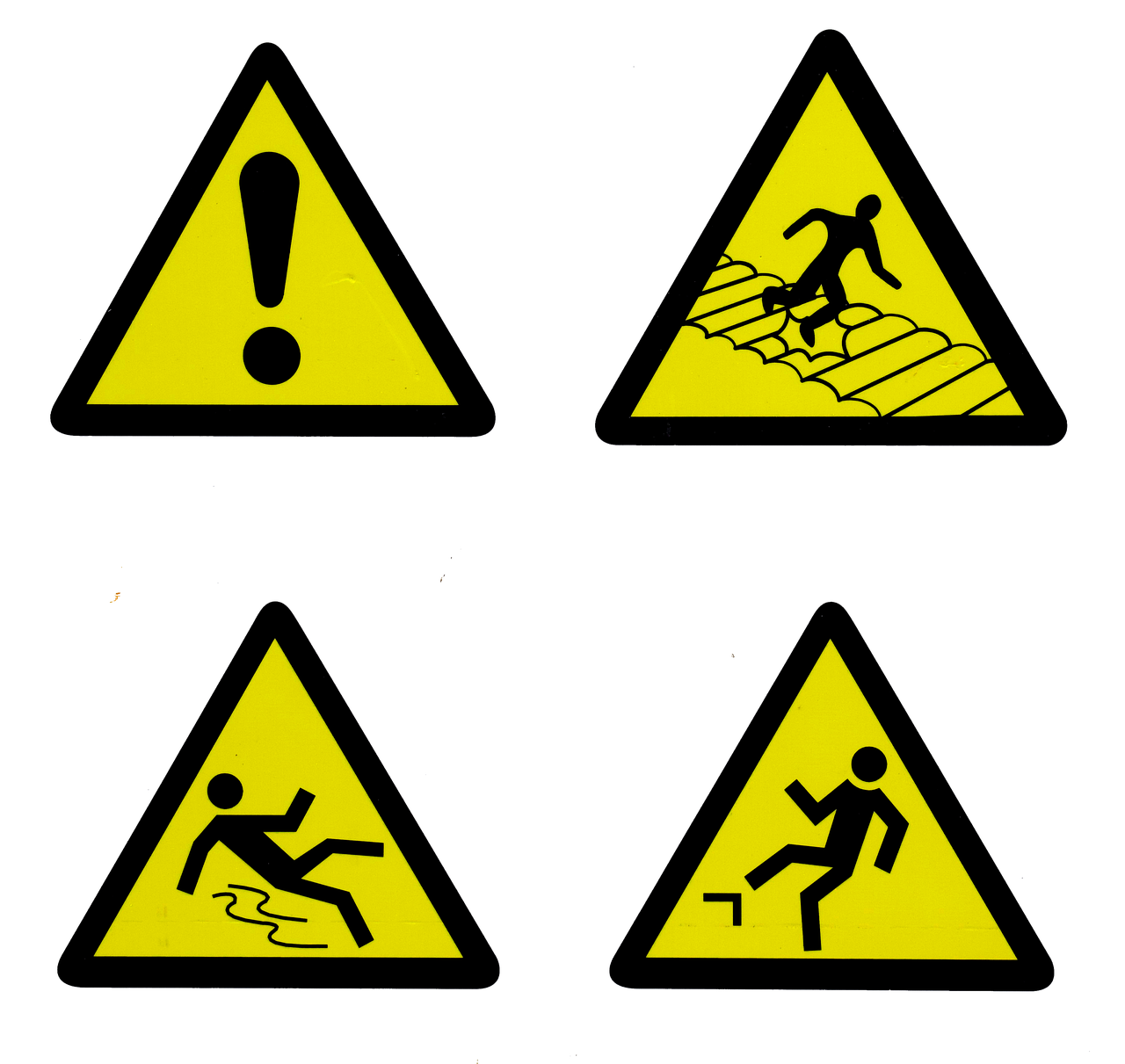 a series of warning signs on a black background, a photo, trampled, high details photo, sticker illustration, maintenance photo