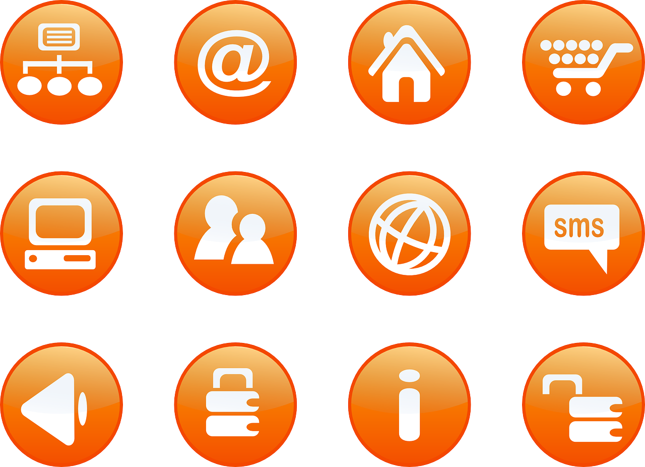 a set of orange buttons with different icons, a stock photo, flickr, computer art, touring, portal 3, abcdefghijklmnopqrstuvwxyz, cane