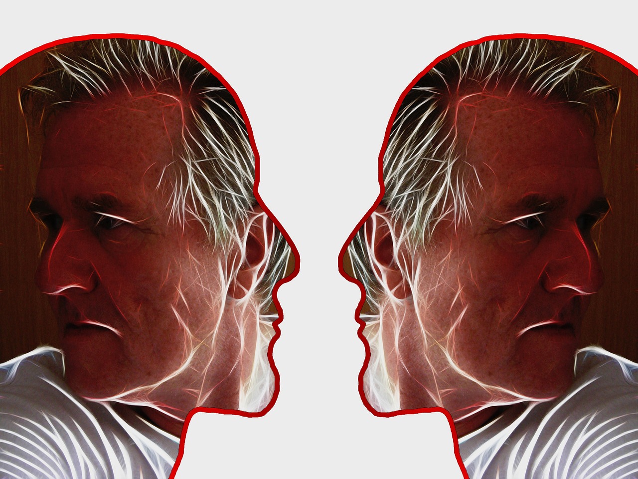 a close up of a person's face in a mirror, digital art, by Matt Stewart, facing each other, portrait of gordon ramsay, symmetrical face and full body, tinnitus