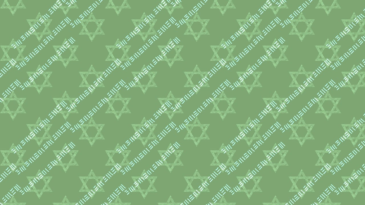 a pattern of stars of david on a green background, inspired by Katsushika Ōi, glitched pattern, [ [ soft ] ], jerusalem, with japanese text