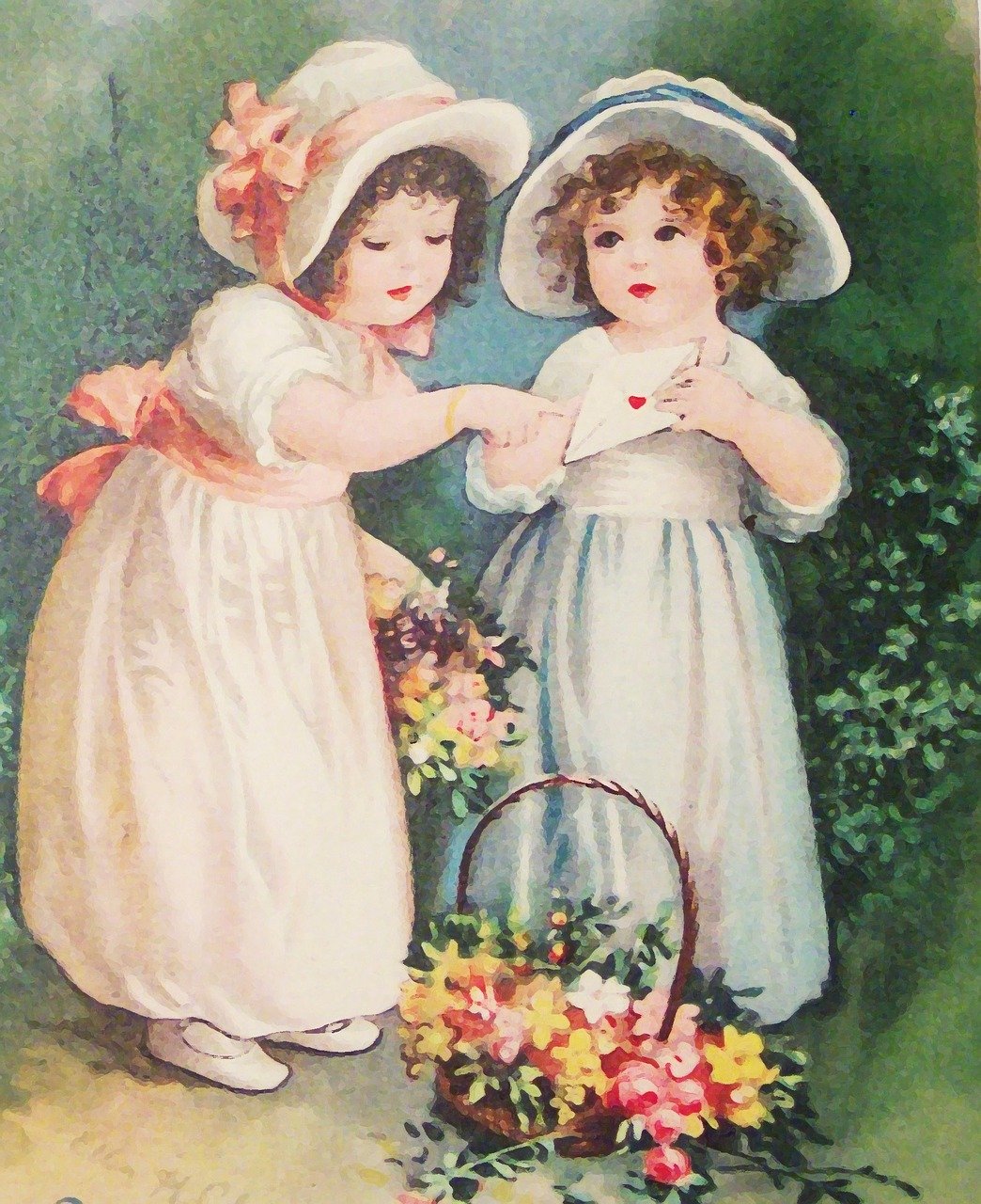 a couple of little girls standing next to each other, a storybook illustration, by Margaret Brundage, flickr, romanticism, detail, 3 are spring, 2 0 2 2 photo, kodak photo