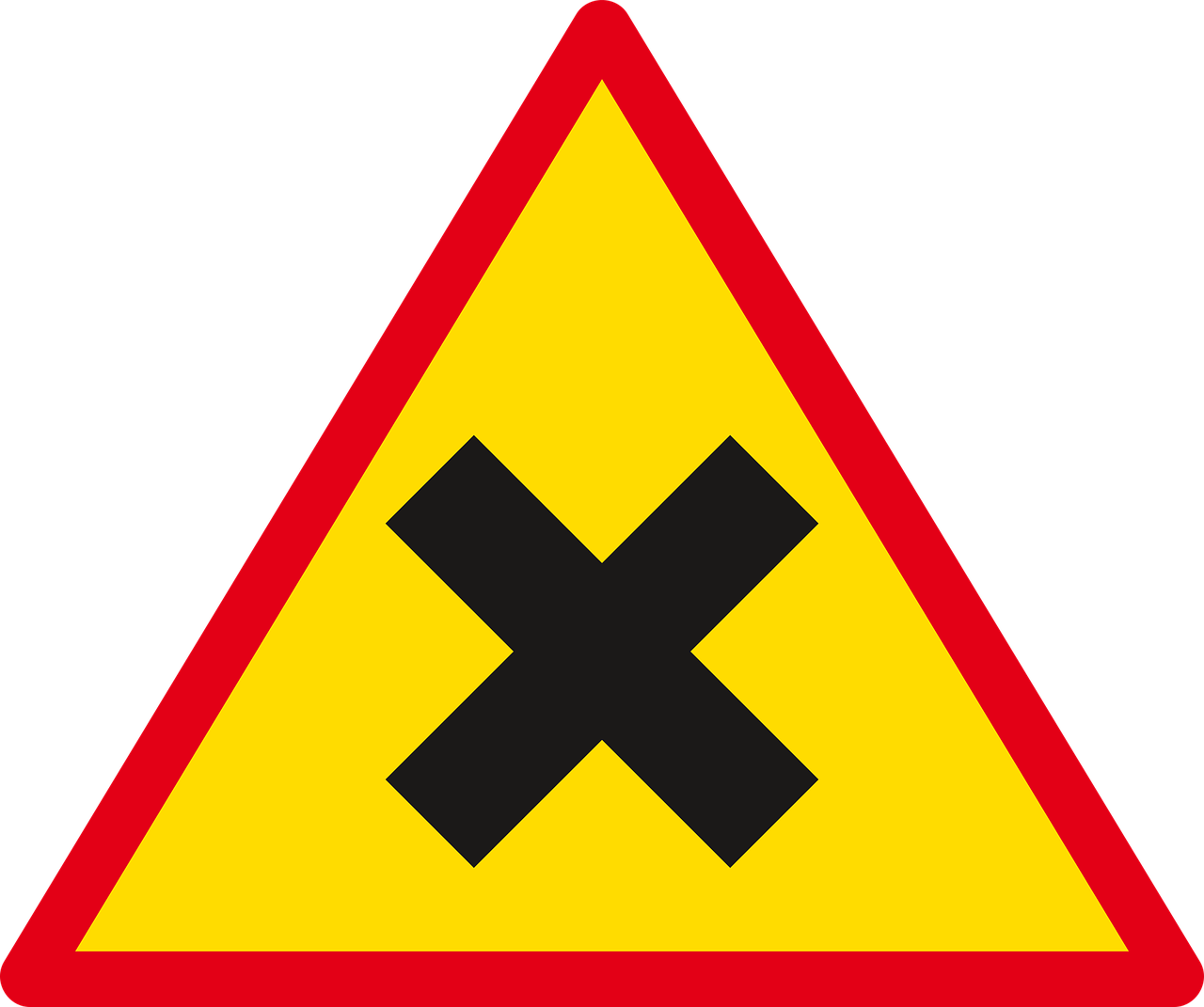 a yellow triangle with a black x on it, by Kees Bol, red yellow, wikimedia, intersection, warning