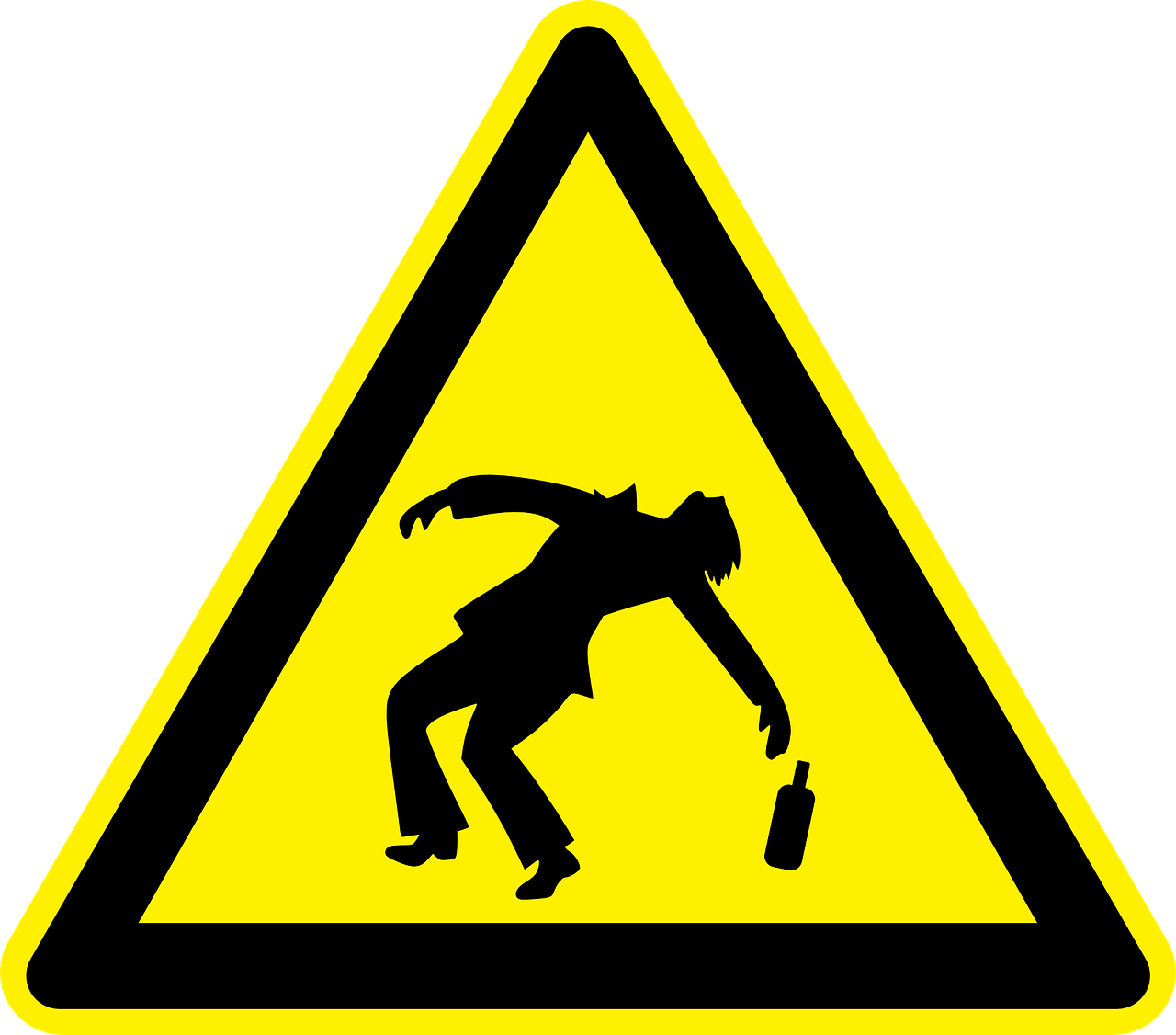 a black and yellow sign with a picture of a person on a skateboard, by Harry Beckhoff, pixabay, shock art, drunken master, spilling juice, potion, no logo