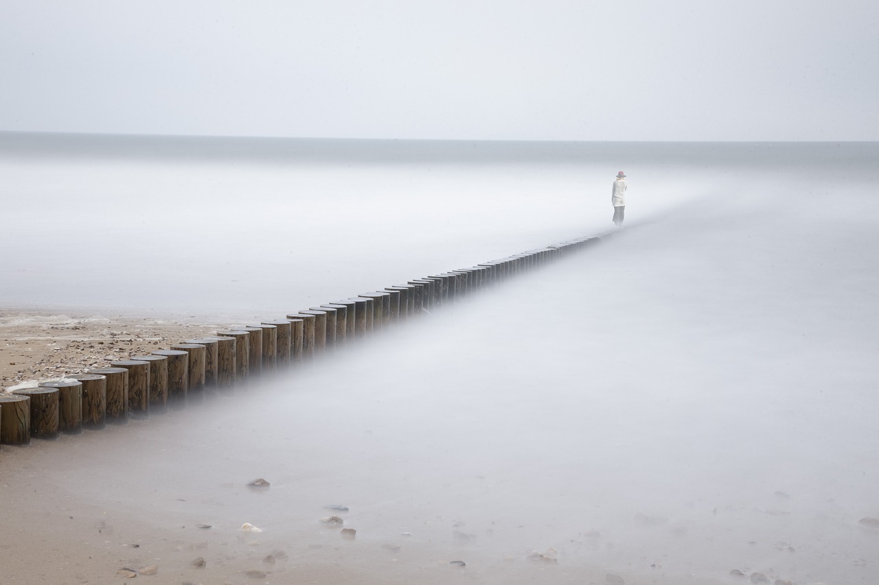 a person standing on a pier on a foggy day, a picture, by Etienne Delessert, blowing sands, long exposure ; sharp focus, wall of water either side, prize winning