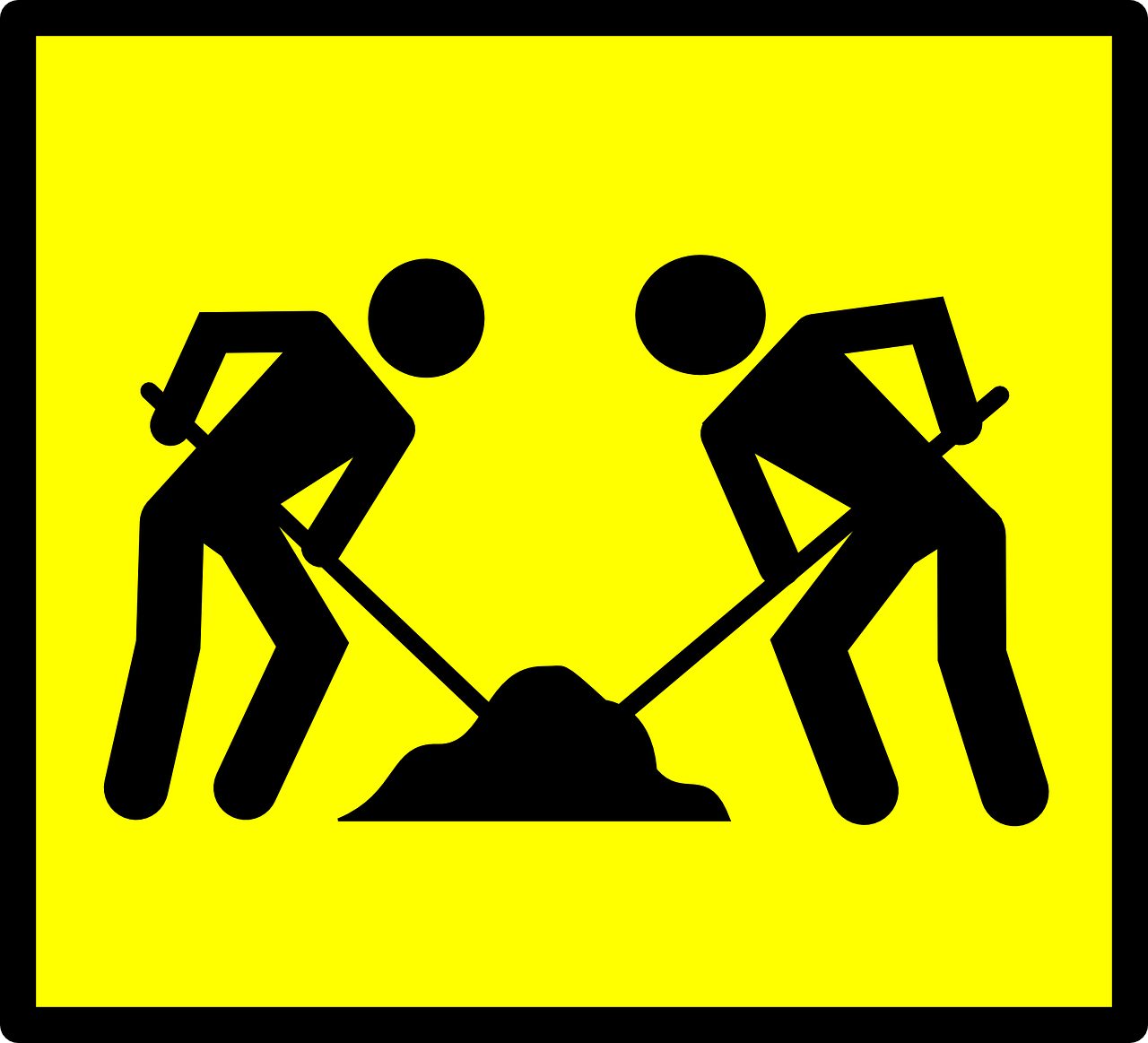 a couple of men standing next to each other with shovels, an illustration of, by Mirko Rački, shutterstock, constructivism, sewer, orthodox icon, black. yellow, working hard