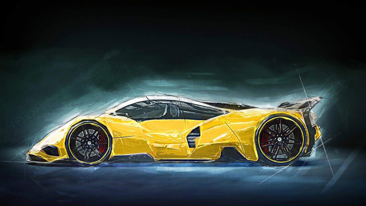 a painting of a yellow sports car on a black background, concept art, Artstation, synthetism, stingray, transparent carapace, ferrari, futuristic suzuki