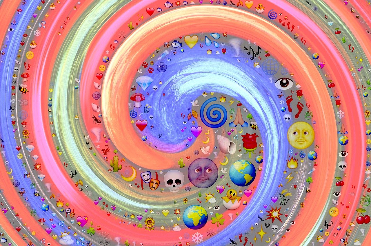 a computer generated image of a colorful spiral, a digital painting, inspired by Lisa Frank, style of emoji, floating symbols and crystals, earth and pastel colors, funny emoji