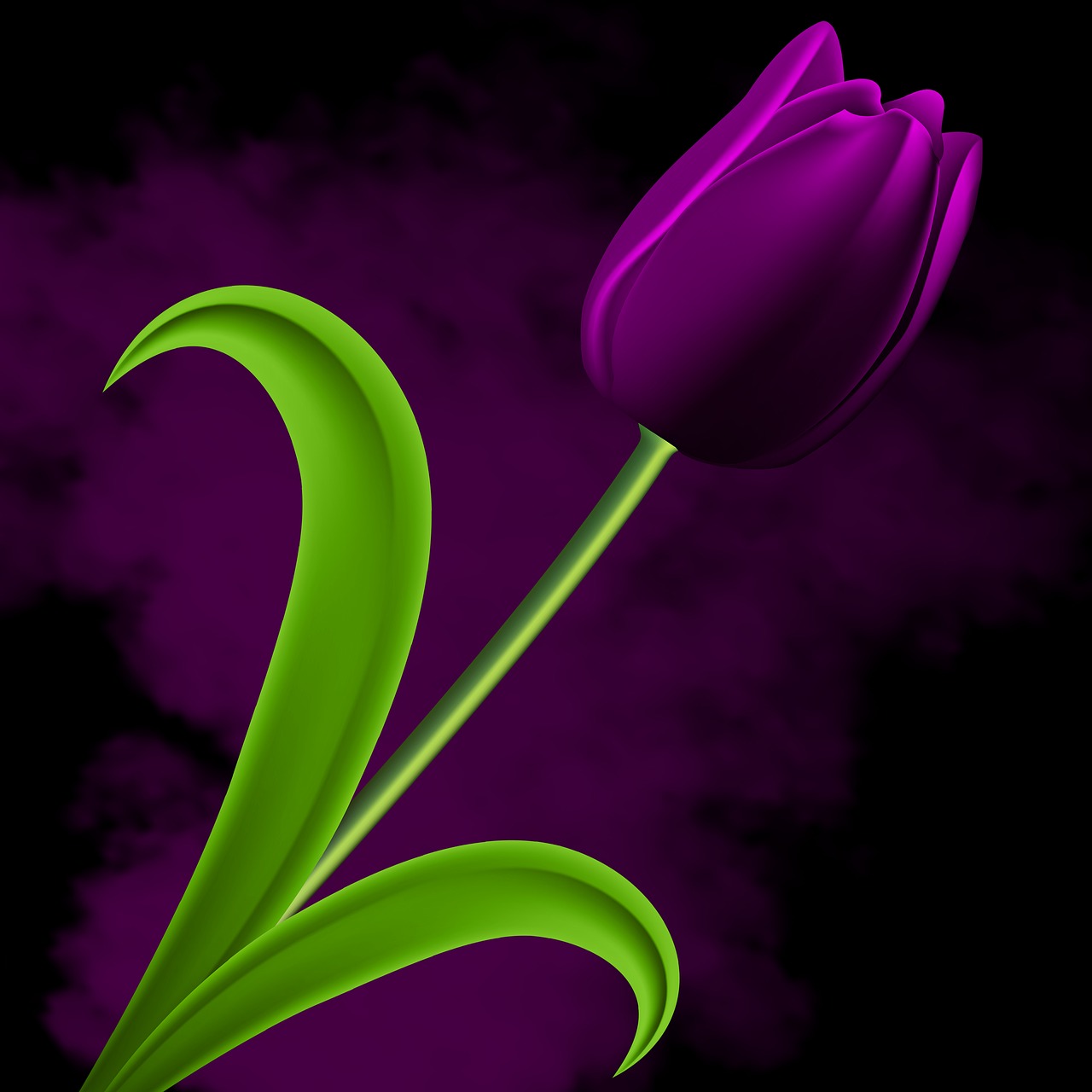 a purple tulip with green leaves on a black background, a digital painting, air brush illustration, computer generated, mobile wallpaper, illustration