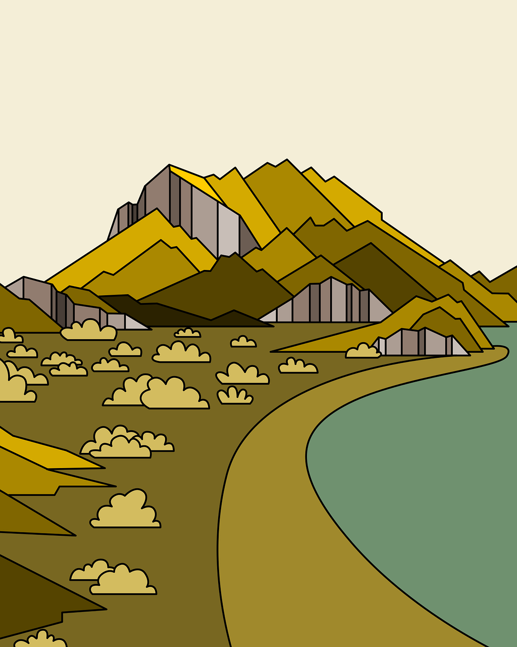 a landscape with mountains and a body of water, digital art, clean lineart and flat color, golden bay new zealand, warm color scheme art rendition, road between hills
