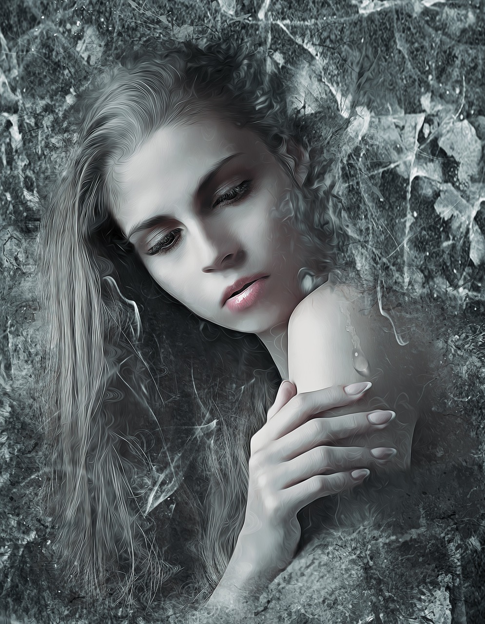 a black and white photo of a woman with long hair, digital art, inspired by Anna Dittmann, shutterstock, frozen tear, dryad in the forest, with a sad expression, gothic background