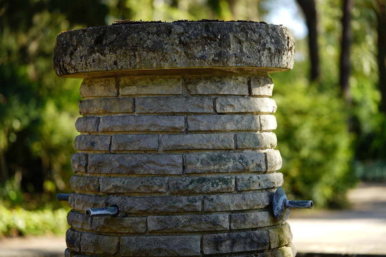 a stone water fountain sitting in the middle of a park, a portrait, flickr, rock details joints, drainpipes, close-up product photo, watertank