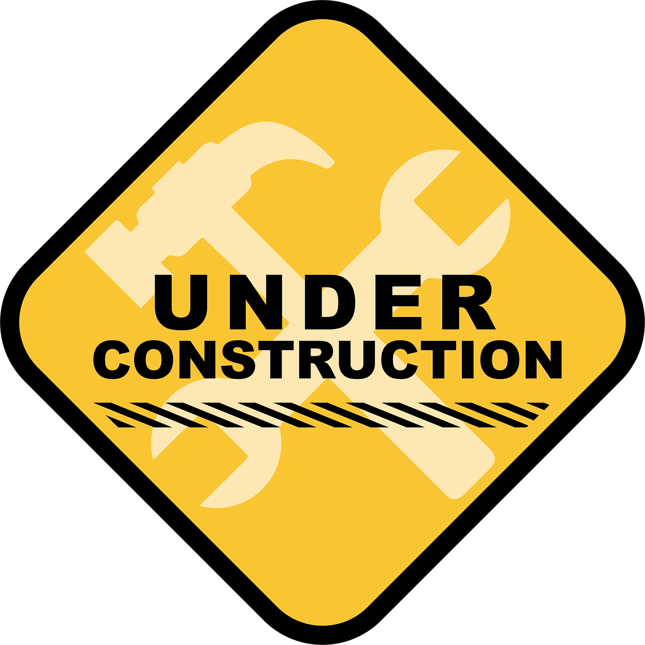 a yellow sign that says under construction, by Joseph Henderson, constructivism, on a flat color black background, wrench, square, cane
