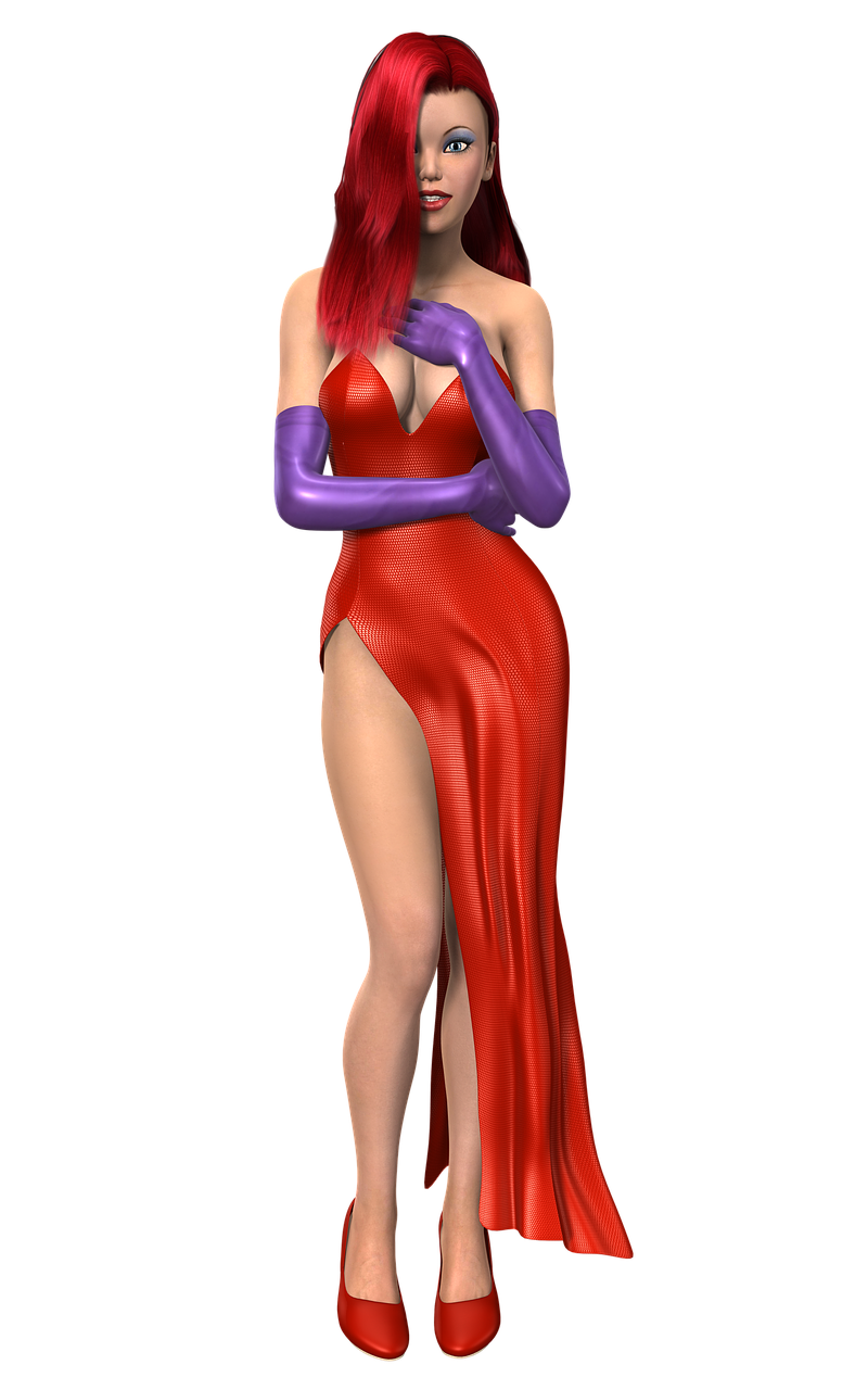 a woman in a red dress and purple gloves, a raytraced image, inspired by Bill Ward, zbrush central contest winner, jessica rabbit, ingame image, misato katsuragi, long dress female