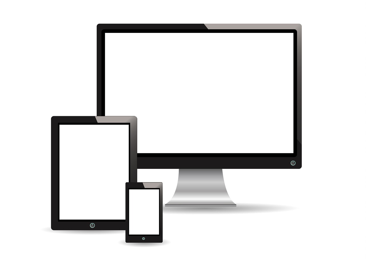 a computer monitor, tablet and phone sitting next to each other, computer art, background is white, crisp details, black quick, various sizes