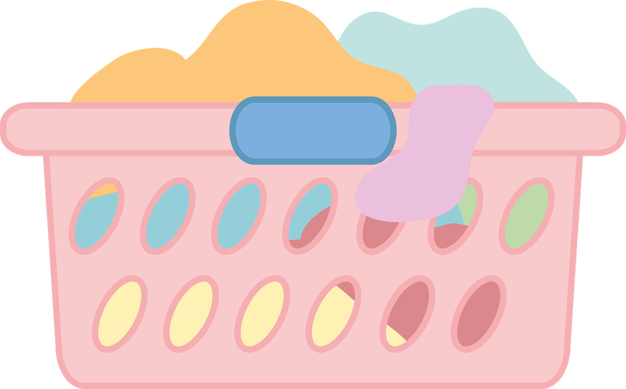 a pink basket filled with laundry items, an illustration of, tumblr, mingei, wide image, spot illustration, banner, dark pastel color scheme