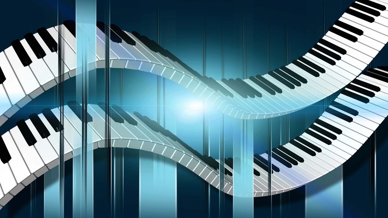 a close up of a piano keyboard on a blue background, inspired by John McLaughlin, computer art, background image, fractals background, beautiful iphone wallpaper, vector background