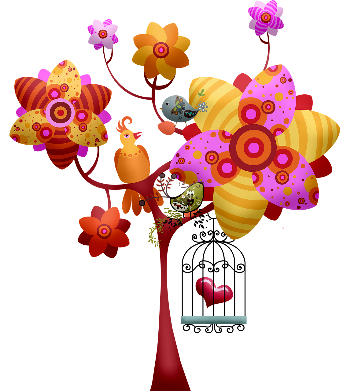a picture of a tree with birds and flowers, vector art, deviantart contest winner, pink and orange colors, on black background, beautiful composition 3 - d 4 k, cute colorful adorable