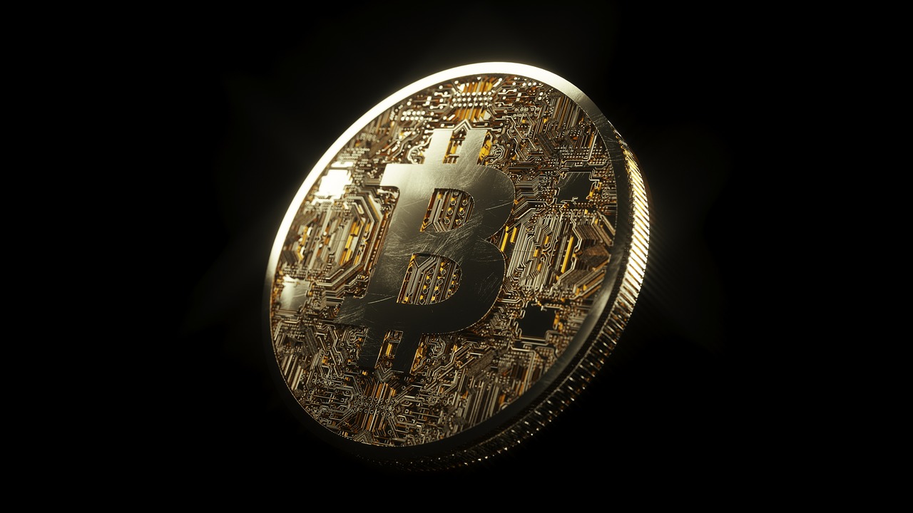 a golden bitcoin on a black background, a digital rendering, 8 k intricate, close-up shot taken from behind, 8k octae render photo