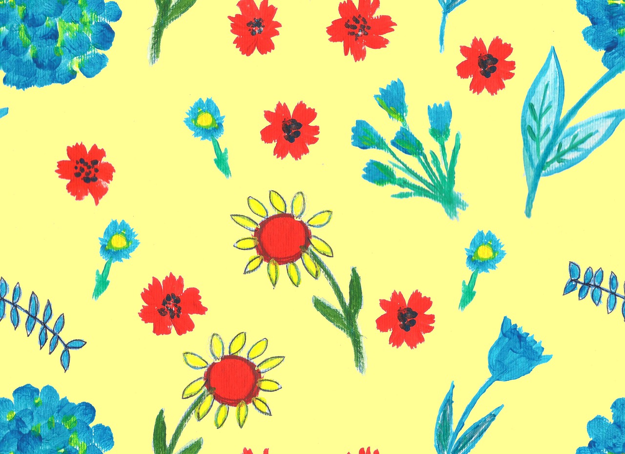 a pattern of red and blue flowers on a yellow background, a child's drawing, inspired by Johannes Bosschaert, naive art, 🪔 🎨;🌞🌄, stylised hand painted textures, yellow clothes, springtime morning