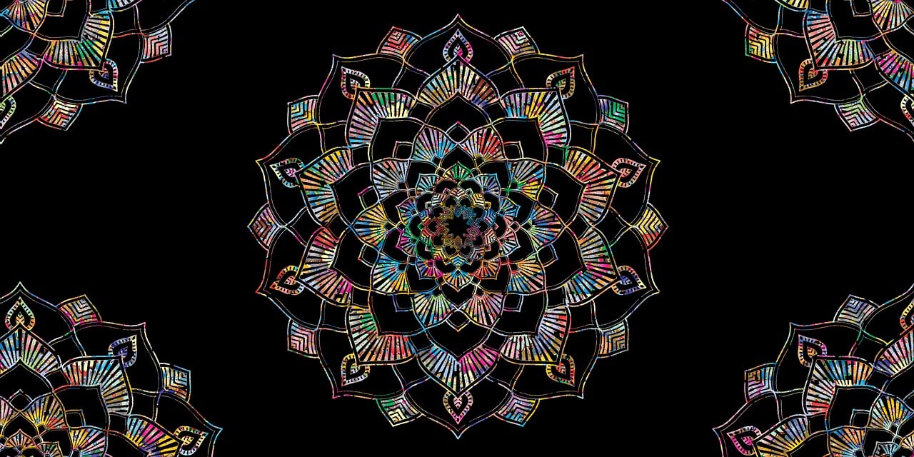 a drawing of a flower on a black background, vector art, by Nathan Wyburn, psychedelic art, colorful mandala, penned with thin colors on white, biomechanical pattern, yantra