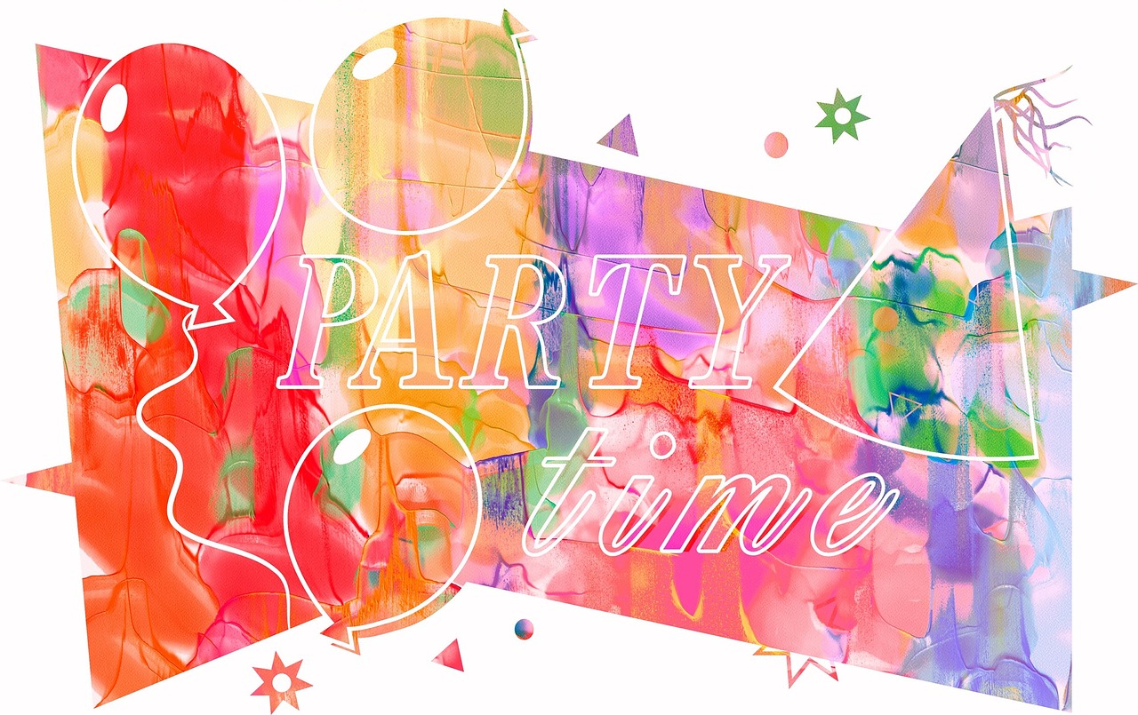 a party time banner with balloons and confetti, by Juliette Wytsman, trending on pixabay, action painting, psychedelic art style, watercolor style, けもの, ; wide shot
