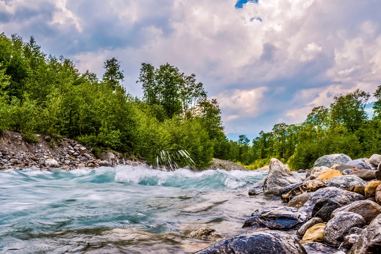 a river running through a lush green forest, a picture, by Franz Hegi, shutterstock, violent stormy waters, wide angle shot 4 k hdr, in the swiss alps, bubbly scenery