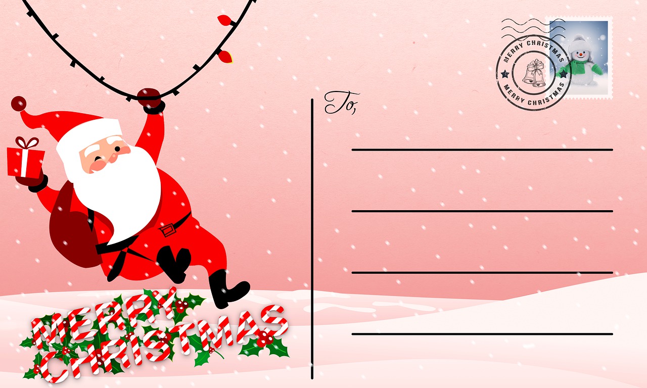 a christmas postcard with a santa flying a kite, featured on pixabay, mail art, pink and red color style, labels, long shot from back, wip