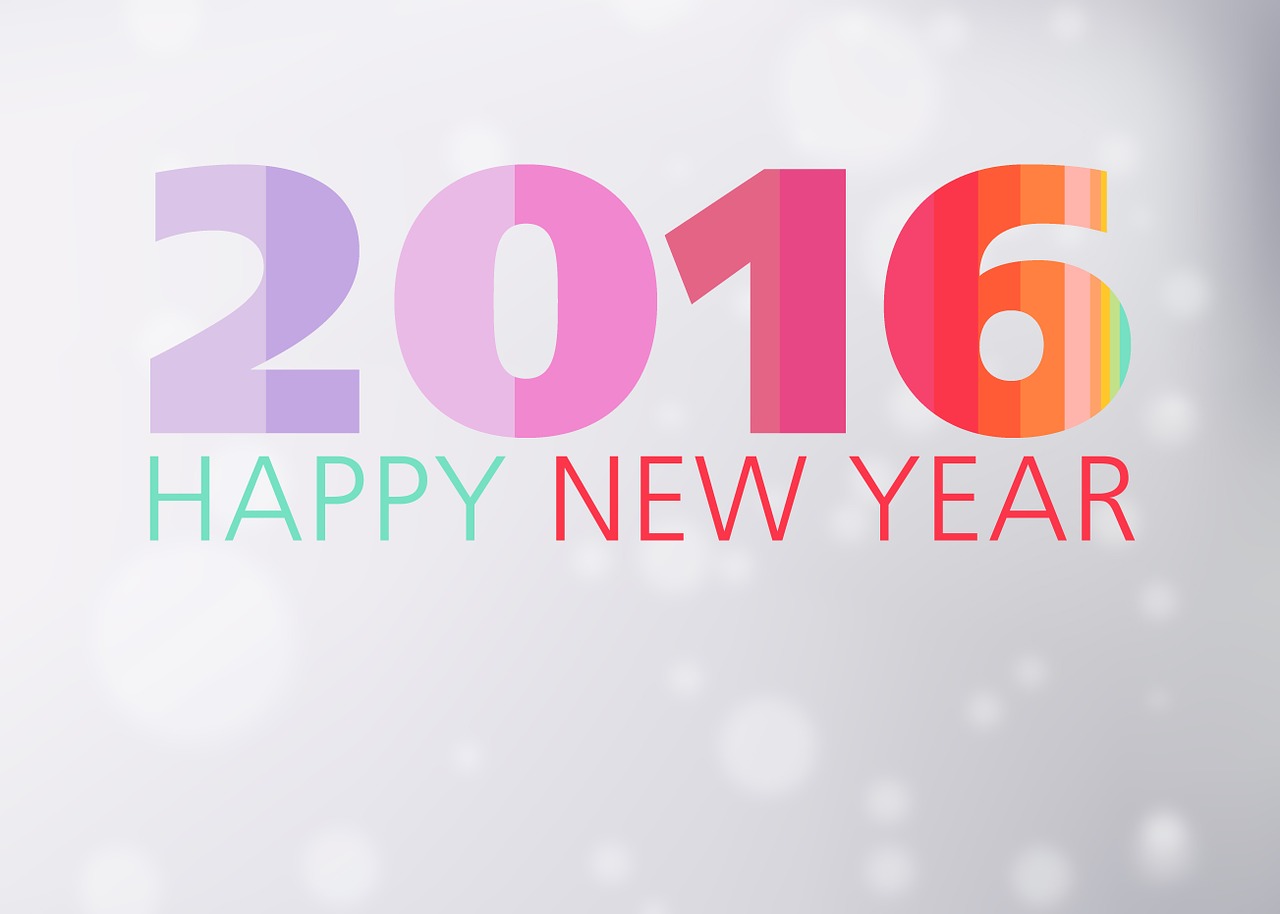 a colorful text that says 2016 happy new year, shutterstock, background is white and blank, bokeh color background, pale gradients design, gray