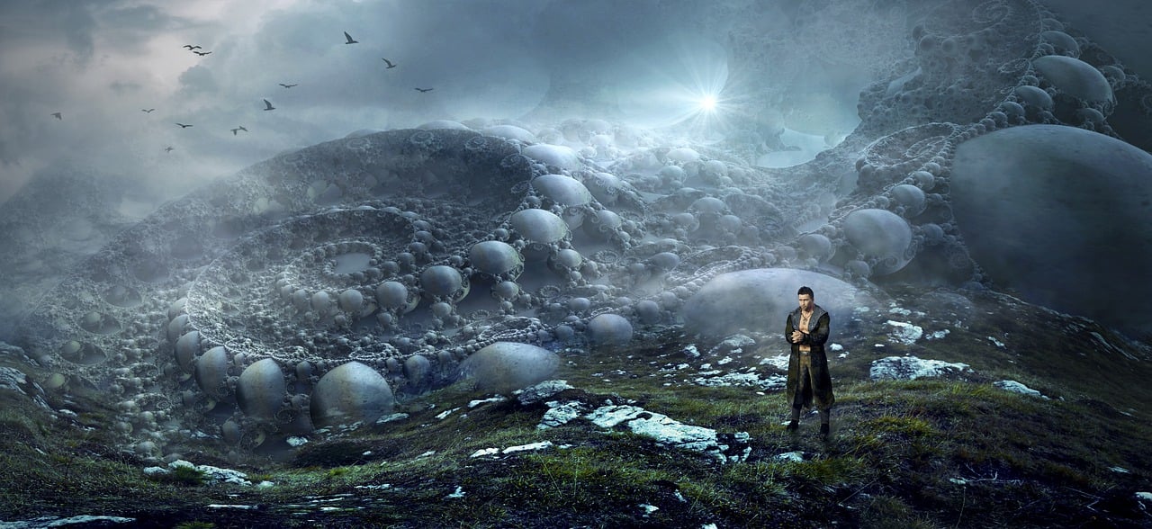 a man standing on top of a lush green hillside, inspired by Michał Karcz, digital art, surreal frozen landscape, square enix cinematic art, progressive rock album cover, frostpunk