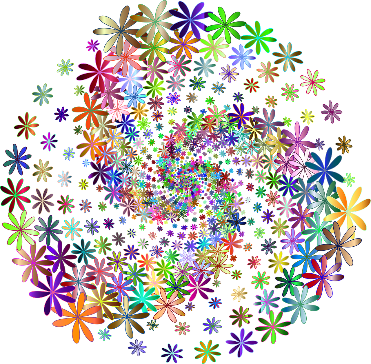 a bunch of colorful flowers on a black background, a digital rendering, inspired by Benoit B. Mandelbrot, trending on pixabay, generative art, pulled into the spiral vortex, lots of flowers, circle design, multicolored vector art